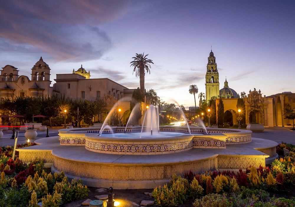 Fountain and beautiful buildings at Balboa Park in San Diego, California.