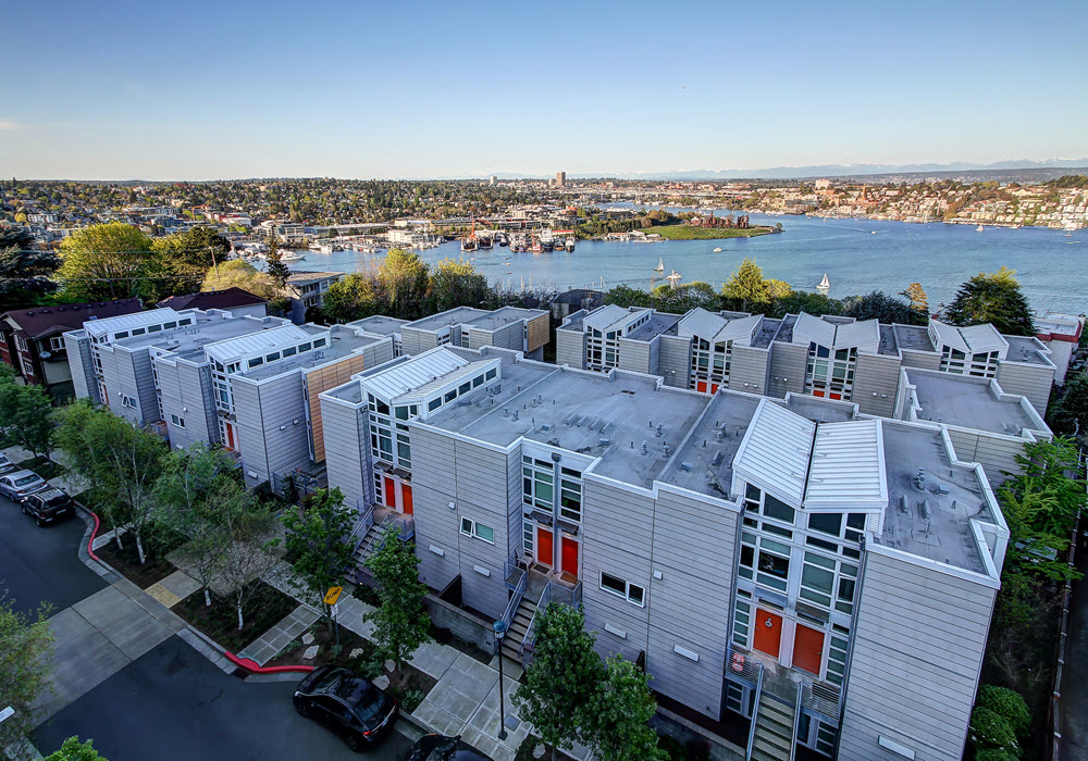 Aerial view of the exterior of Domaine Apartments in Seattle.