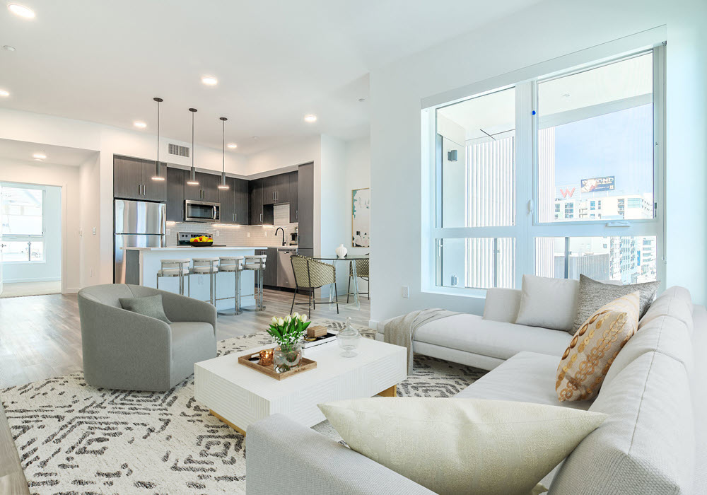 Staged Wallace on Sunset apartment living room.