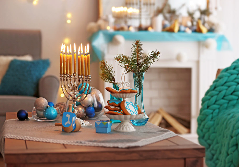 Staged apartment with holiday decorations.