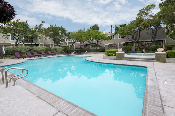 Outdoor swimming pool area with sundeck and lounge seating.