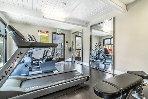 Fitness center with cardio and strength training equipment.
